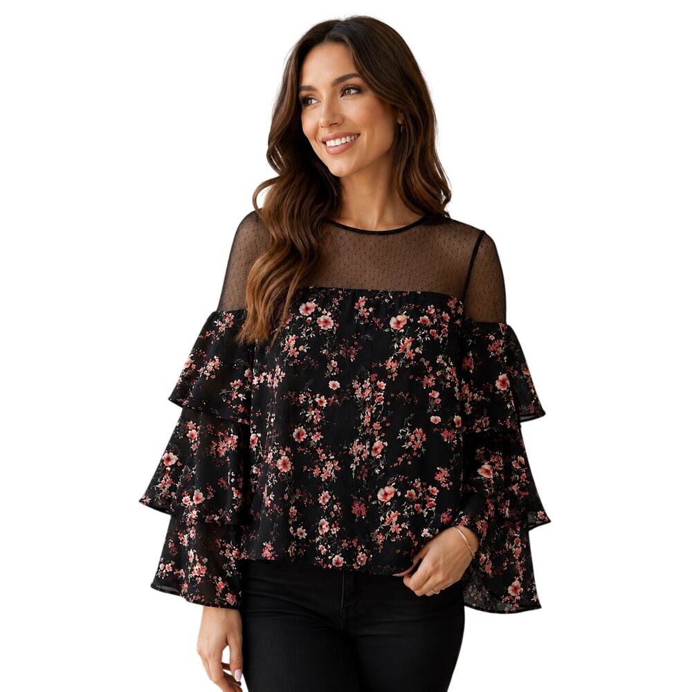 White House Black Market Floral Print Mesh Top With Tiered Sleeves SZ Medium